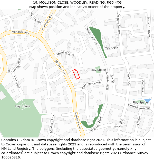 19, MOLLISON CLOSE, WOODLEY, READING, RG5 4XG: Location map and indicative extent of plot