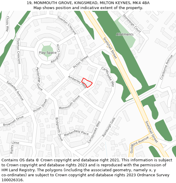 19, MONMOUTH GROVE, KINGSMEAD, MILTON KEYNES, MK4 4BA: Location map and indicative extent of plot