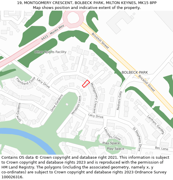 19, MONTGOMERY CRESCENT, BOLBECK PARK, MILTON KEYNES, MK15 8PP: Location map and indicative extent of plot