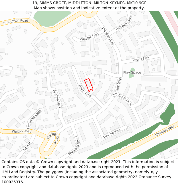 19, SIMMS CROFT, MIDDLETON, MILTON KEYNES, MK10 9GF: Location map and indicative extent of plot