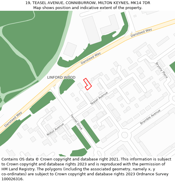 19, TEASEL AVENUE, CONNIBURROW, MILTON KEYNES, MK14 7DR: Location map and indicative extent of plot