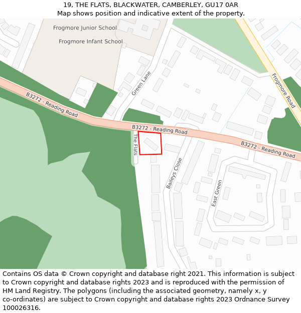 19, THE FLATS, BLACKWATER, CAMBERLEY, GU17 0AR: Location map and indicative extent of plot