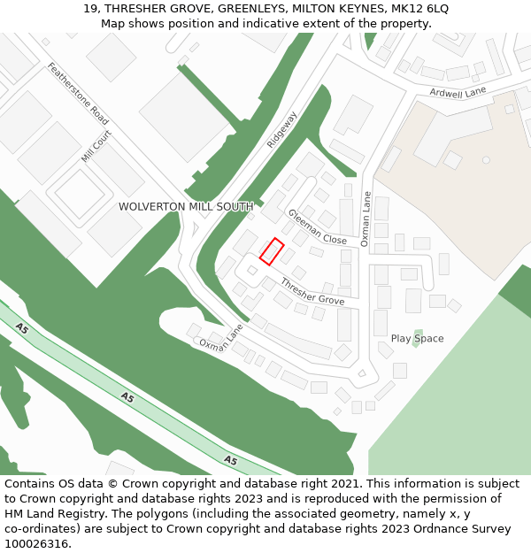 19, THRESHER GROVE, GREENLEYS, MILTON KEYNES, MK12 6LQ: Location map and indicative extent of plot