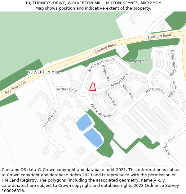 19, TURNEYS DRIVE, WOLVERTON MILL, MILTON KEYNES, MK12 5GY: Location map and indicative extent of plot