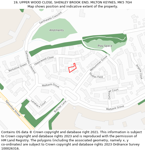 19, UPPER WOOD CLOSE, SHENLEY BROOK END, MILTON KEYNES, MK5 7GH: Location map and indicative extent of plot