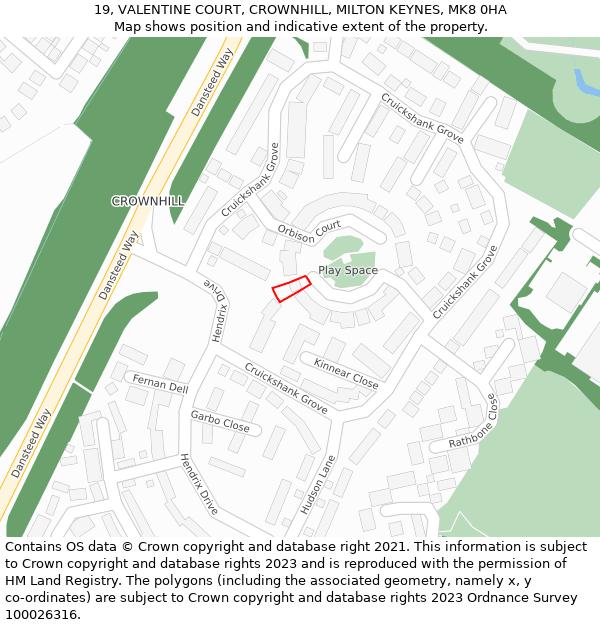 19, VALENTINE COURT, CROWNHILL, MILTON KEYNES, MK8 0HA: Location map and indicative extent of plot