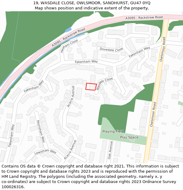 19, WASDALE CLOSE, OWLSMOOR, SANDHURST, GU47 0YQ: Location map and indicative extent of plot