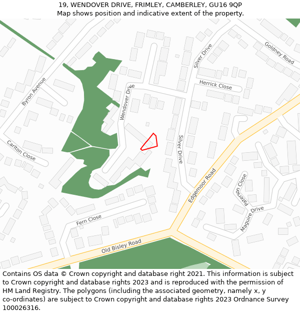 19, WENDOVER DRIVE, FRIMLEY, CAMBERLEY, GU16 9QP: Location map and indicative extent of plot