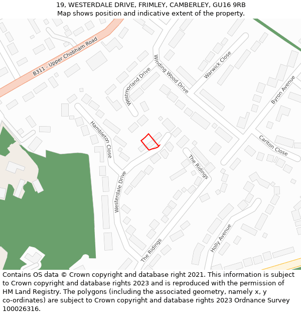 19, WESTERDALE DRIVE, FRIMLEY, CAMBERLEY, GU16 9RB: Location map and indicative extent of plot