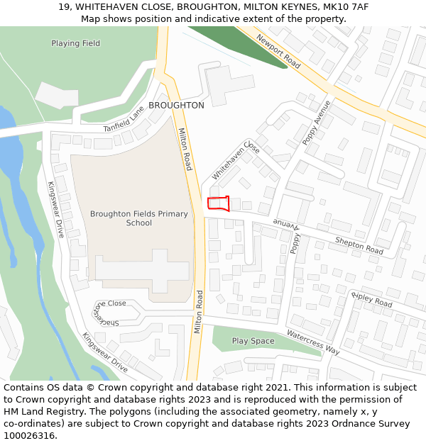 19, WHITEHAVEN CLOSE, BROUGHTON, MILTON KEYNES, MK10 7AF: Location map and indicative extent of plot