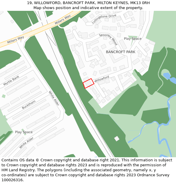 19, WILLOWFORD, BANCROFT PARK, MILTON KEYNES, MK13 0RH: Location map and indicative extent of plot