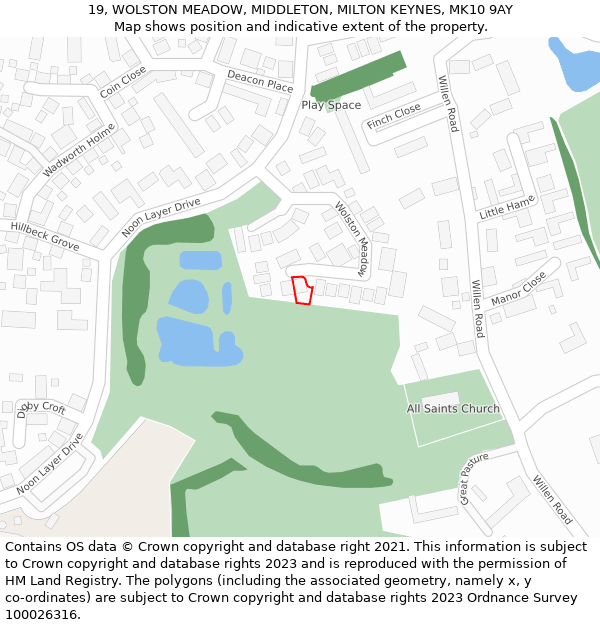 19, WOLSTON MEADOW, MIDDLETON, MILTON KEYNES, MK10 9AY: Location map and indicative extent of plot