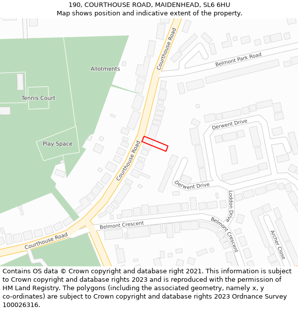 190, COURTHOUSE ROAD, MAIDENHEAD, SL6 6HU: Location map and indicative extent of plot