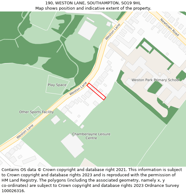 190, WESTON LANE, SOUTHAMPTON, SO19 9HL: Location map and indicative extent of plot