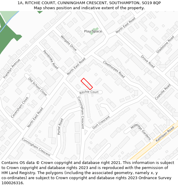 1A, RITCHIE COURT, CUNNINGHAM CRESCENT, SOUTHAMPTON, SO19 8QP: Location map and indicative extent of plot