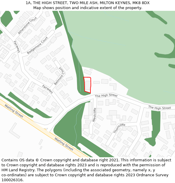 1A, THE HIGH STREET, TWO MILE ASH, MILTON KEYNES, MK8 8DX: Location map and indicative extent of plot