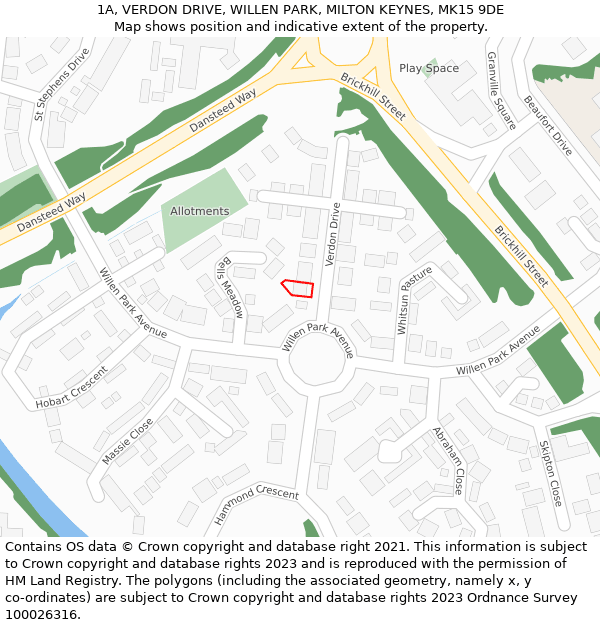 1A, VERDON DRIVE, WILLEN PARK, MILTON KEYNES, MK15 9DE: Location map and indicative extent of plot
