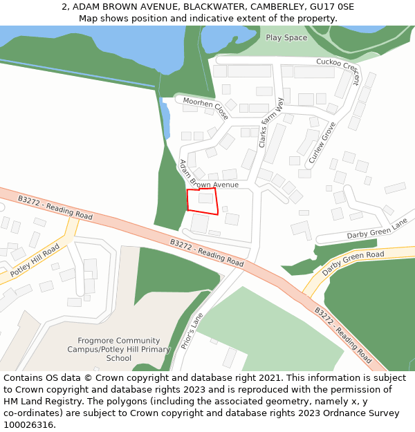 2, ADAM BROWN AVENUE, BLACKWATER, CAMBERLEY, GU17 0SE: Location map and indicative extent of plot