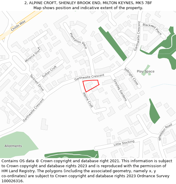 2, ALPINE CROFT, SHENLEY BROOK END, MILTON KEYNES, MK5 7BF: Location map and indicative extent of plot