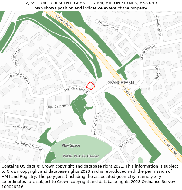 2, ASHFORD CRESCENT, GRANGE FARM, MILTON KEYNES, MK8 0NB: Location map and indicative extent of plot