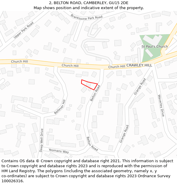 2, BELTON ROAD, CAMBERLEY, GU15 2DE: Location map and indicative extent of plot