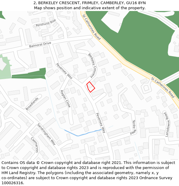 2, BERKELEY CRESCENT, FRIMLEY, CAMBERLEY, GU16 8YN: Location map and indicative extent of plot
