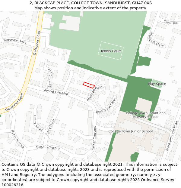 2, BLACKCAP PLACE, COLLEGE TOWN, SANDHURST, GU47 0XS: Location map and indicative extent of plot