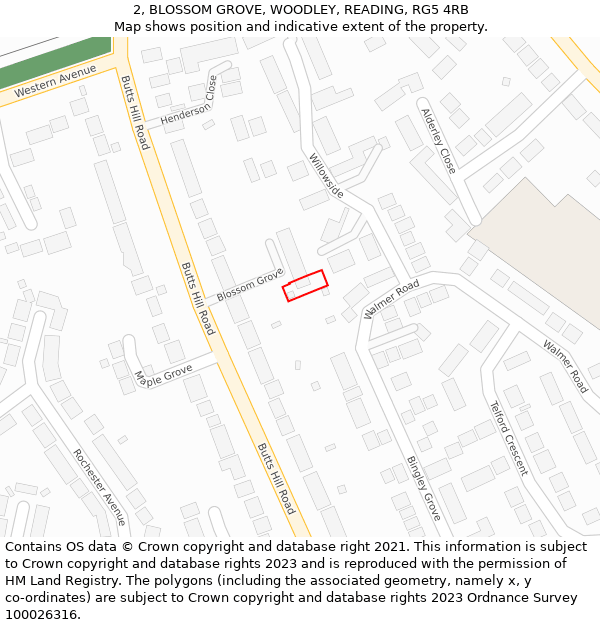 2, BLOSSOM GROVE, WOODLEY, READING, RG5 4RB: Location map and indicative extent of plot