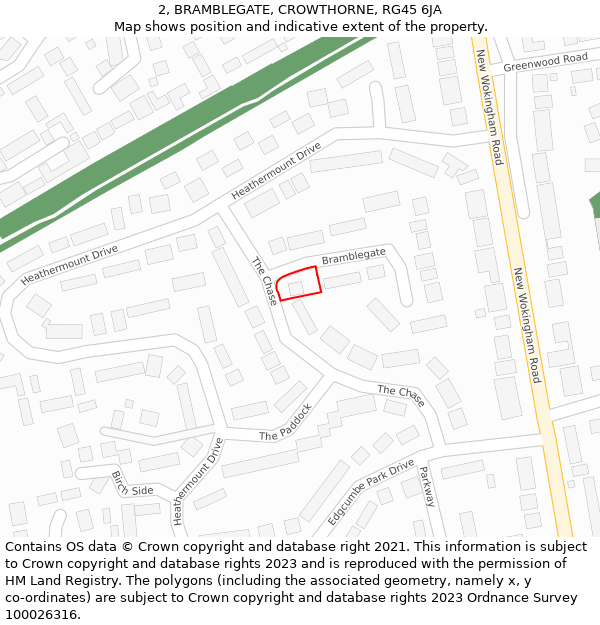 2, BRAMBLEGATE, CROWTHORNE, RG45 6JA: Location map and indicative extent of plot