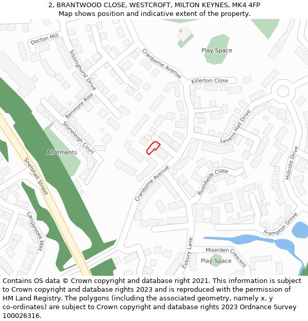 2, BRANTWOOD CLOSE, WESTCROFT, MILTON KEYNES, MK4 4FP: Location map and indicative extent of plot