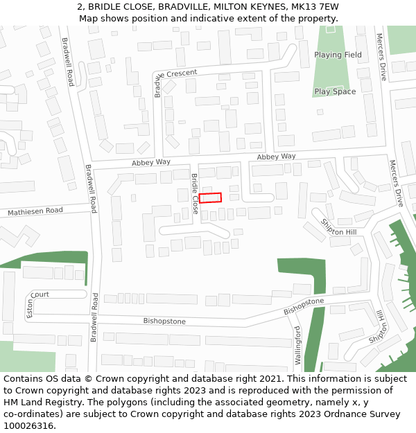 2, BRIDLE CLOSE, BRADVILLE, MILTON KEYNES, MK13 7EW: Location map and indicative extent of plot