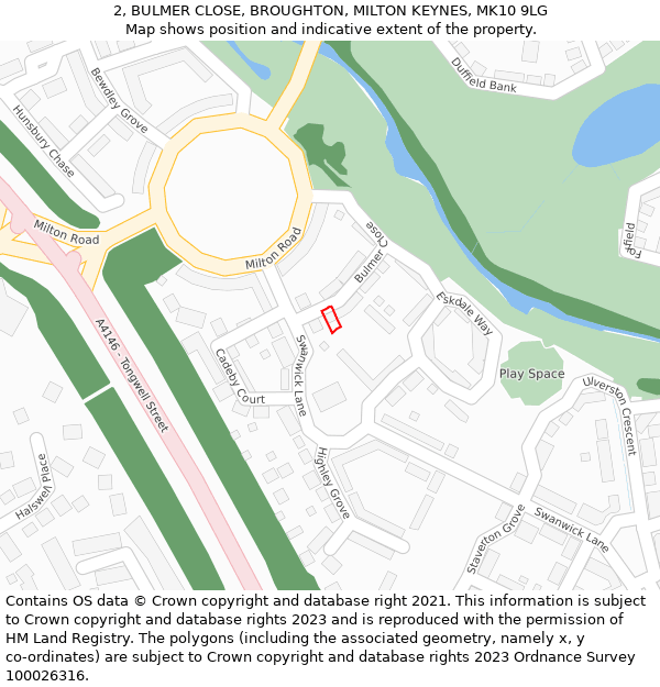 2, BULMER CLOSE, BROUGHTON, MILTON KEYNES, MK10 9LG: Location map and indicative extent of plot