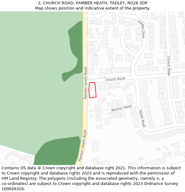 2, CHURCH ROAD, PAMBER HEATH, TADLEY, RG26 3DP: Location map and indicative extent of plot