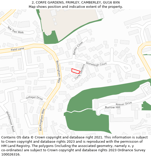 2, CORFE GARDENS, FRIMLEY, CAMBERLEY, GU16 8XN: Location map and indicative extent of plot