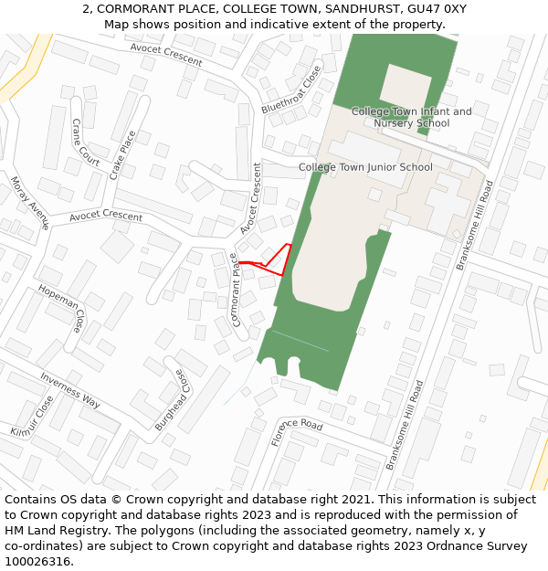 2, CORMORANT PLACE, COLLEGE TOWN, SANDHURST, GU47 0XY: Location map and indicative extent of plot