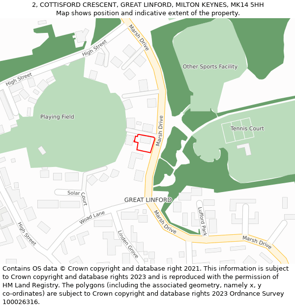 2, COTTISFORD CRESCENT, GREAT LINFORD, MILTON KEYNES, MK14 5HH: Location map and indicative extent of plot