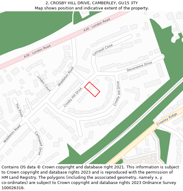 2, CROSBY HILL DRIVE, CAMBERLEY, GU15 3TY: Location map and indicative extent of plot