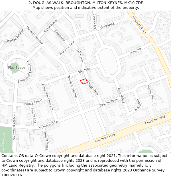 2, DOUGLAS WALK, BROUGHTON, MILTON KEYNES, MK10 7DF: Location map and indicative extent of plot