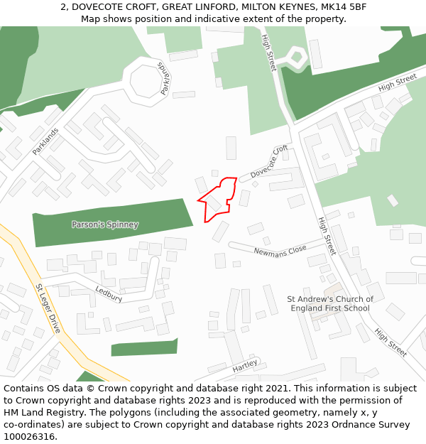 2, DOVECOTE CROFT, GREAT LINFORD, MILTON KEYNES, MK14 5BF: Location map and indicative extent of plot