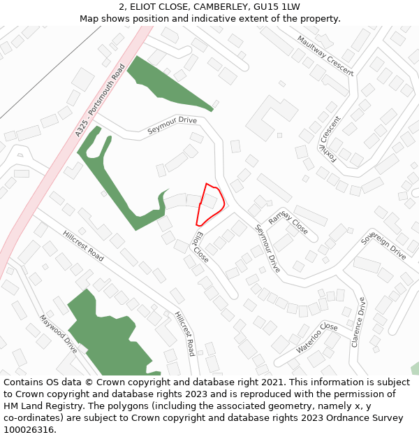 2, ELIOT CLOSE, CAMBERLEY, GU15 1LW: Location map and indicative extent of plot