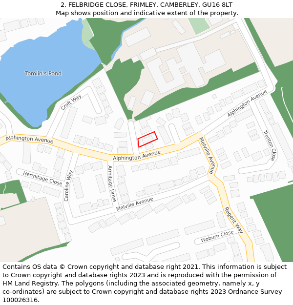 2, FELBRIDGE CLOSE, FRIMLEY, CAMBERLEY, GU16 8LT: Location map and indicative extent of plot