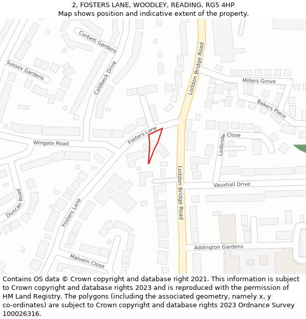 2, FOSTERS LANE, WOODLEY, READING, RG5 4HP: Location map and indicative extent of plot