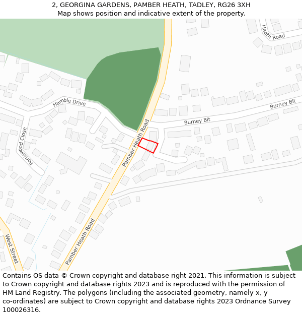 2, GEORGINA GARDENS, PAMBER HEATH, TADLEY, RG26 3XH: Location map and indicative extent of plot