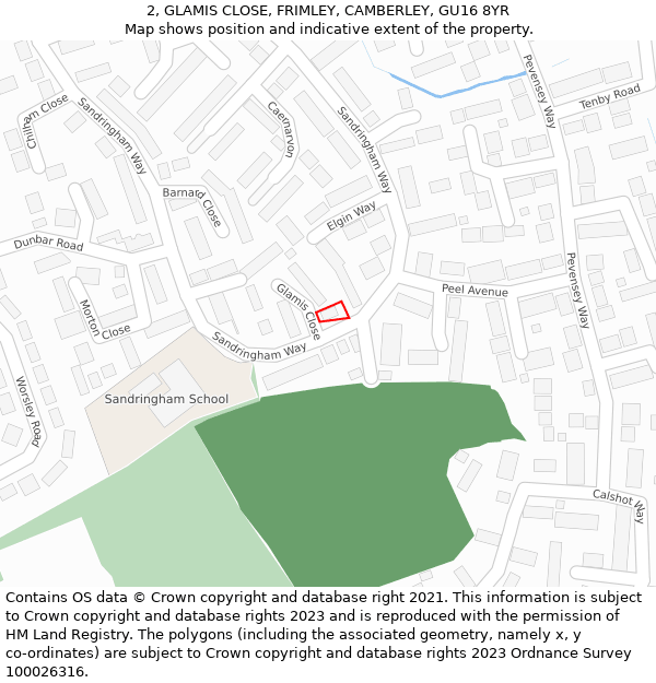 2, GLAMIS CLOSE, FRIMLEY, CAMBERLEY, GU16 8YR: Location map and indicative extent of plot
