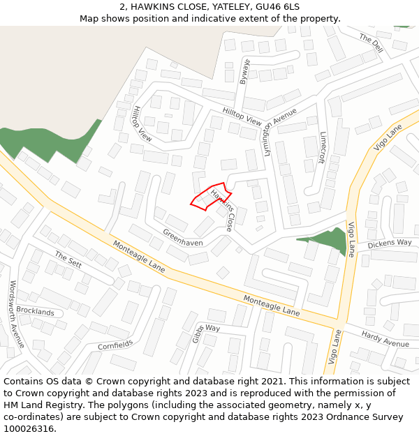 2, HAWKINS CLOSE, YATELEY, GU46 6LS: Location map and indicative extent of plot