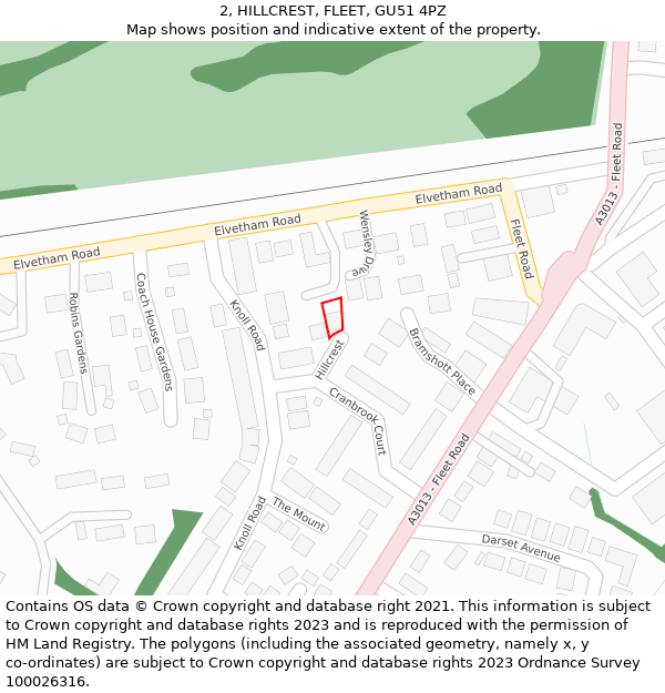 2, HILLCREST, FLEET, GU51 4PZ: Location map and indicative extent of plot