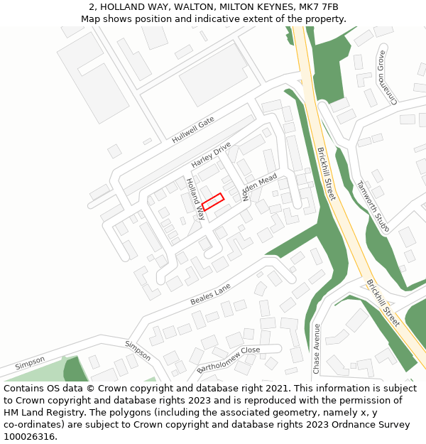 2, HOLLAND WAY, WALTON, MILTON KEYNES, MK7 7FB: Location map and indicative extent of plot