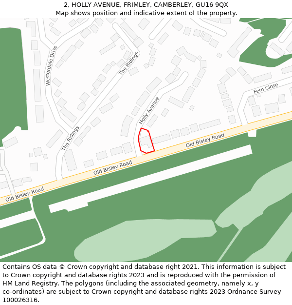 2, HOLLY AVENUE, FRIMLEY, CAMBERLEY, GU16 9QX: Location map and indicative extent of plot