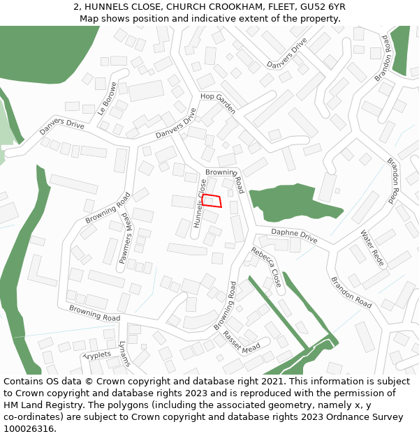 2, HUNNELS CLOSE, CHURCH CROOKHAM, FLEET, GU52 6YR: Location map and indicative extent of plot