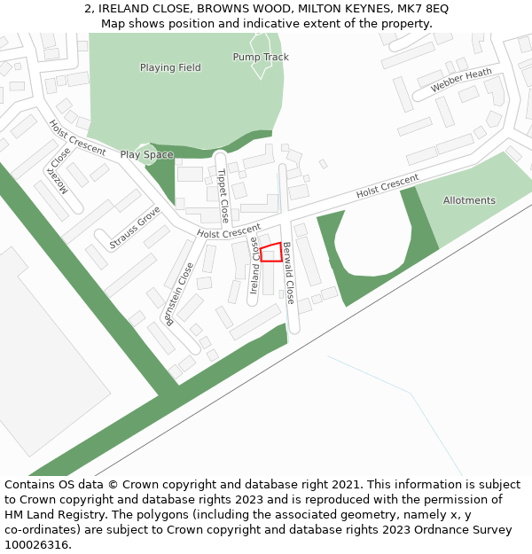 2, IRELAND CLOSE, BROWNS WOOD, MILTON KEYNES, MK7 8EQ: Location map and indicative extent of plot